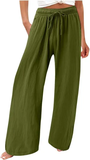 Linen Pants for Women Summer Wide Leg Palazzo Pants Drawstring Elastic Waist Loose Boho Pants Casual Beach Trousers