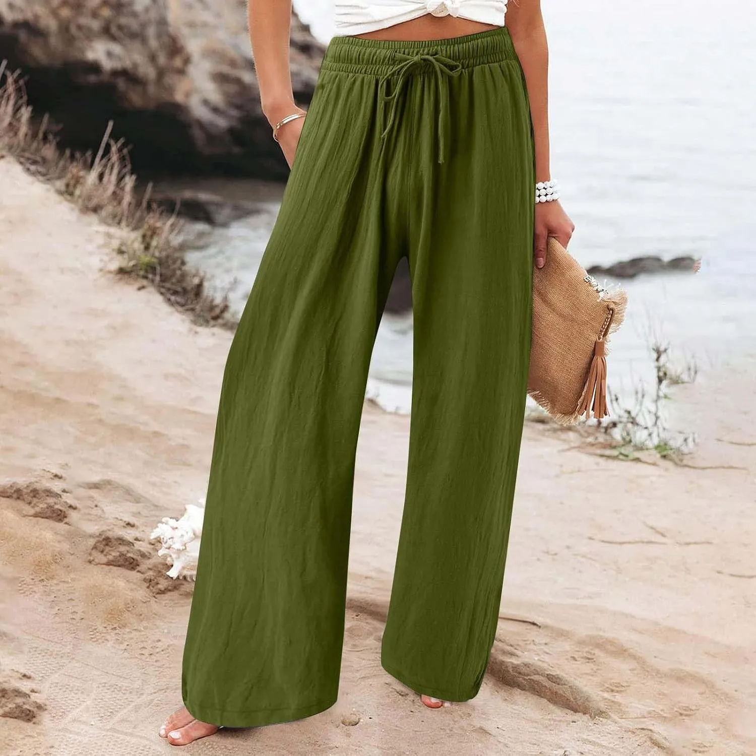 Linen Pants for Women Summer Wide Leg Palazzo Pants Drawstring Elastic Waist Loose Boho Pants Casual Beach Trousers