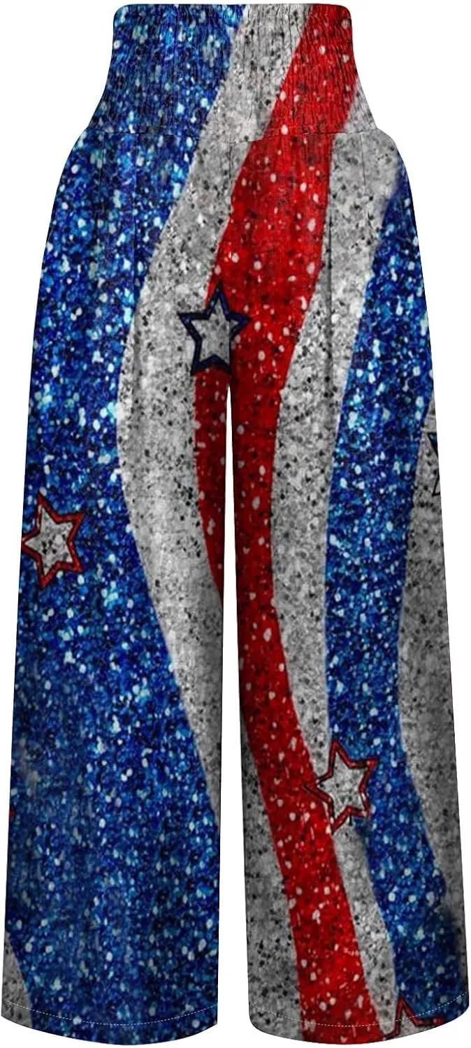 Linen Pants for Women,4th of July Pants Elastic Waist Wide Leg Womens Sweatpants Flowy 2025 Summer Independence Day