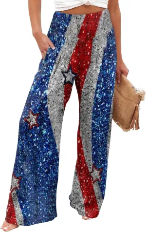 Linen Pants for Women,4th of July Pants Elastic Waist Wide Leg Womens Sweatpants Flowy 2025 Summer Independence Day