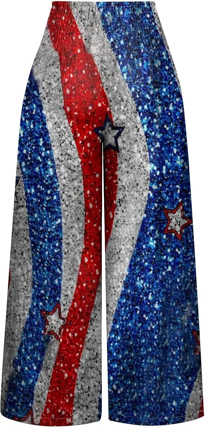 Linen Pants for Women,4th of July Pants Elastic Waist Wide Leg Womens Sweatpants Flowy 2025 Summer Independence Day