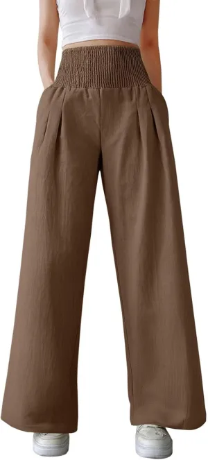 Linen Pants Women Palazzo Baggy Pants Cotton Boho Casual Gauze Long Pant Wide Leg Lounge Trousers with Pockets