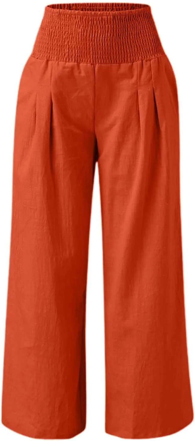 Linen Pants Women Palazzo Baggy Pants Cotton Boho Casual Gauze Long Pant Wide Leg Lounge Trousers with Pockets