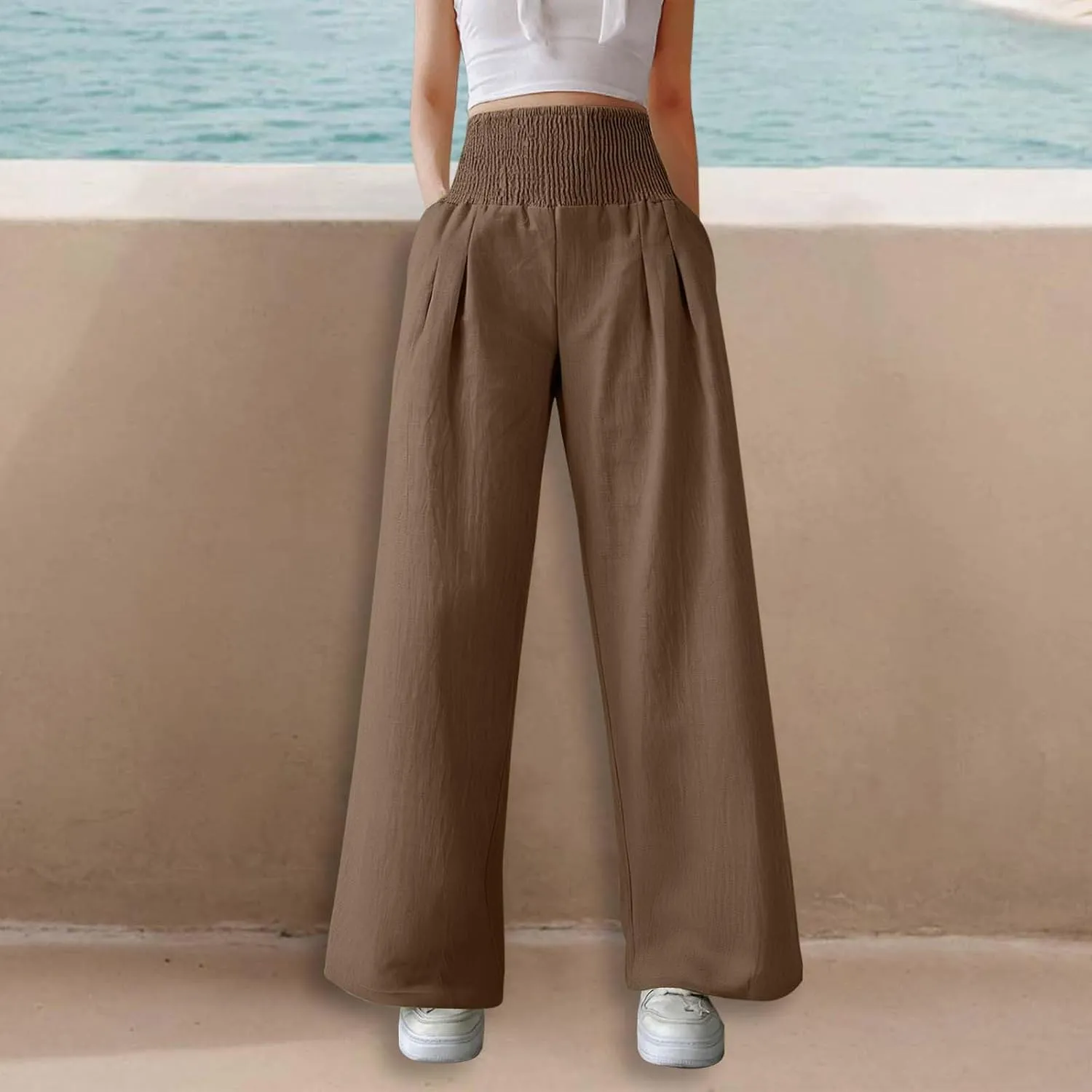 Linen Pants Women Palazzo Baggy Pants Cotton Boho Casual Gauze Long Pant Wide Leg Lounge Trousers with Pockets