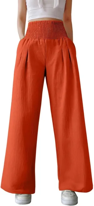 Linen Pants Women Palazzo Baggy Pants Cotton Boho Casual Gauze Long Pant Wide Leg Lounge Trousers with Pockets