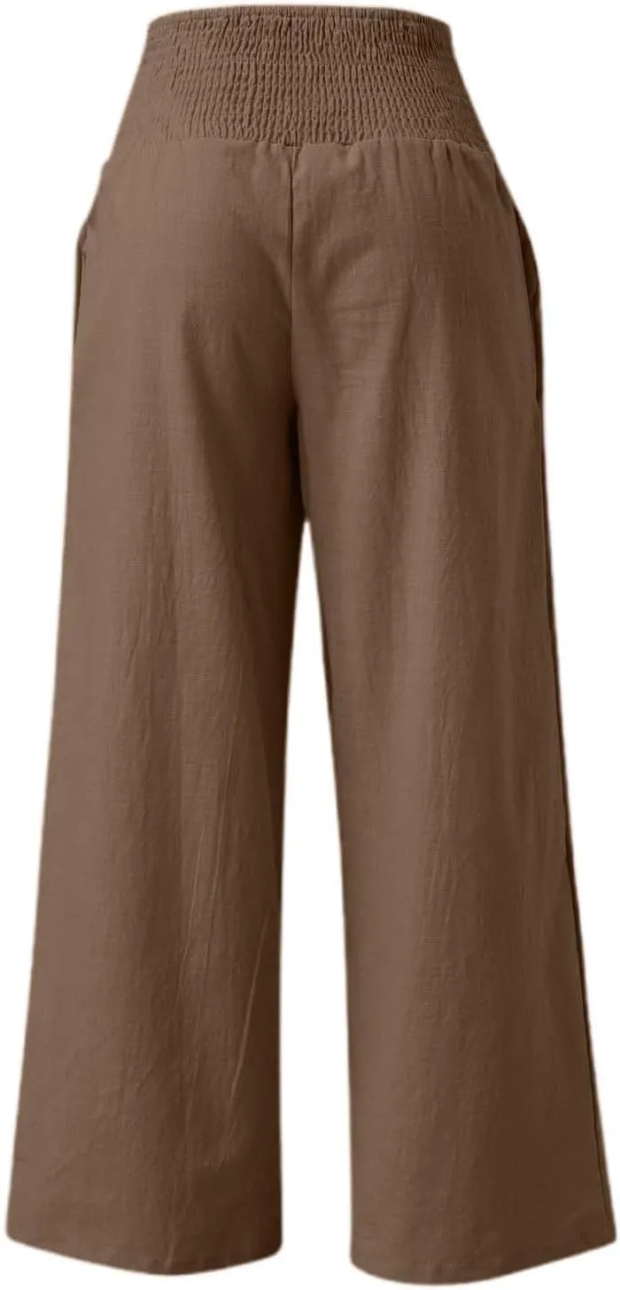 Linen Pants Women Palazzo Baggy Pants Cotton Boho Casual Gauze Long Pant Wide Leg Lounge Trousers with Pockets