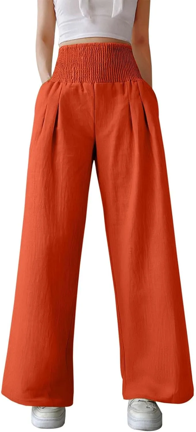 Linen Pants Women Palazzo Baggy Pants Cotton Boho Casual Gauze Long Pant Wide Leg Lounge Trousers with Pockets