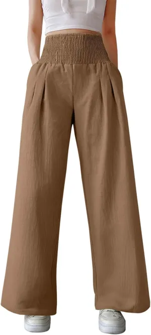 Linen Pants Women Palazzo Baggy Pants Cotton Boho Casual Gauze Long Pant Wide Leg Lounge Trousers with Pockets