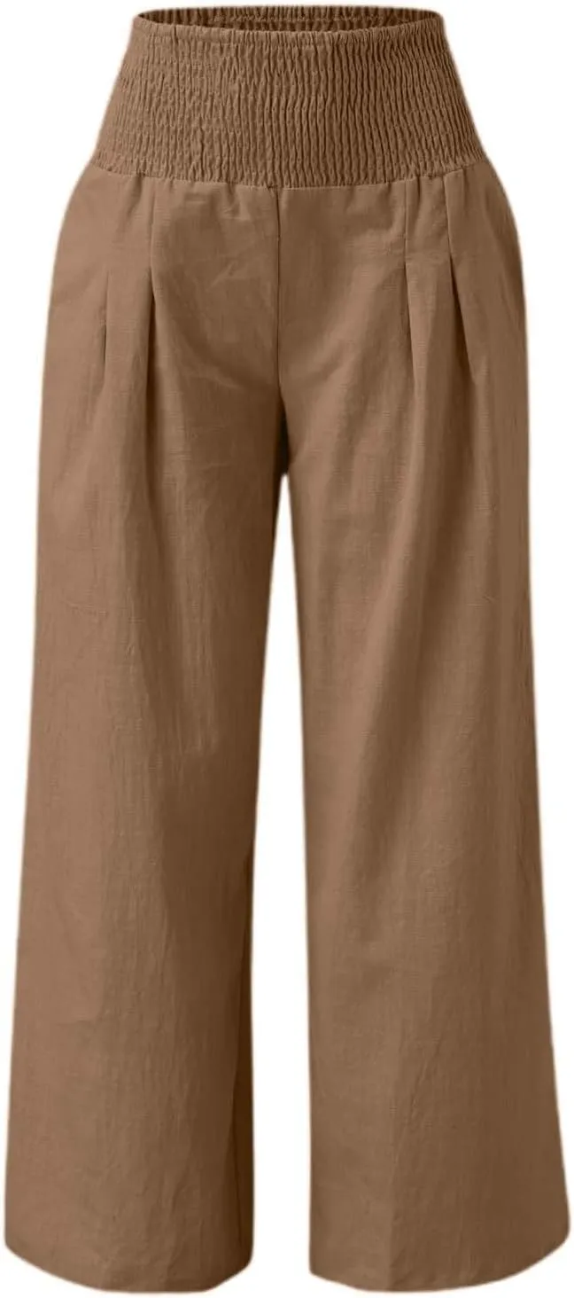 Linen Pants Women Palazzo Baggy Pants Cotton Boho Casual Gauze Long Pant Wide Leg Lounge Trousers with Pockets