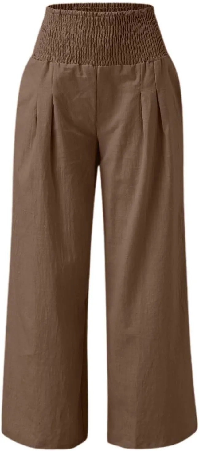 Linen Pants Women Palazzo Baggy Pants Cotton Boho Casual Gauze Long Pant Wide Leg Lounge Trousers with Pockets