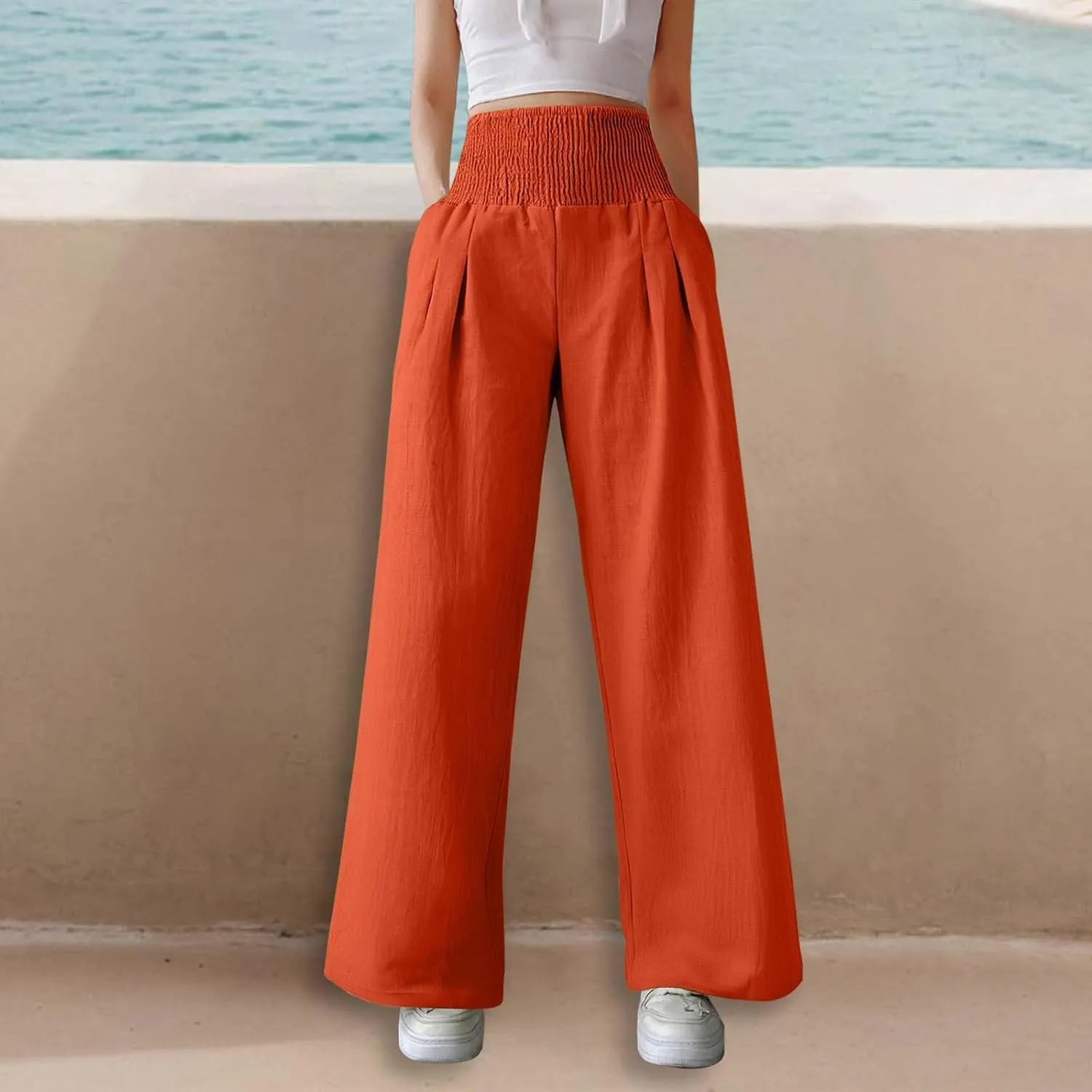Linen Pants Women Palazzo Baggy Pants Cotton Boho Casual Gauze Long Pant Wide Leg Lounge Trousers with Pockets
