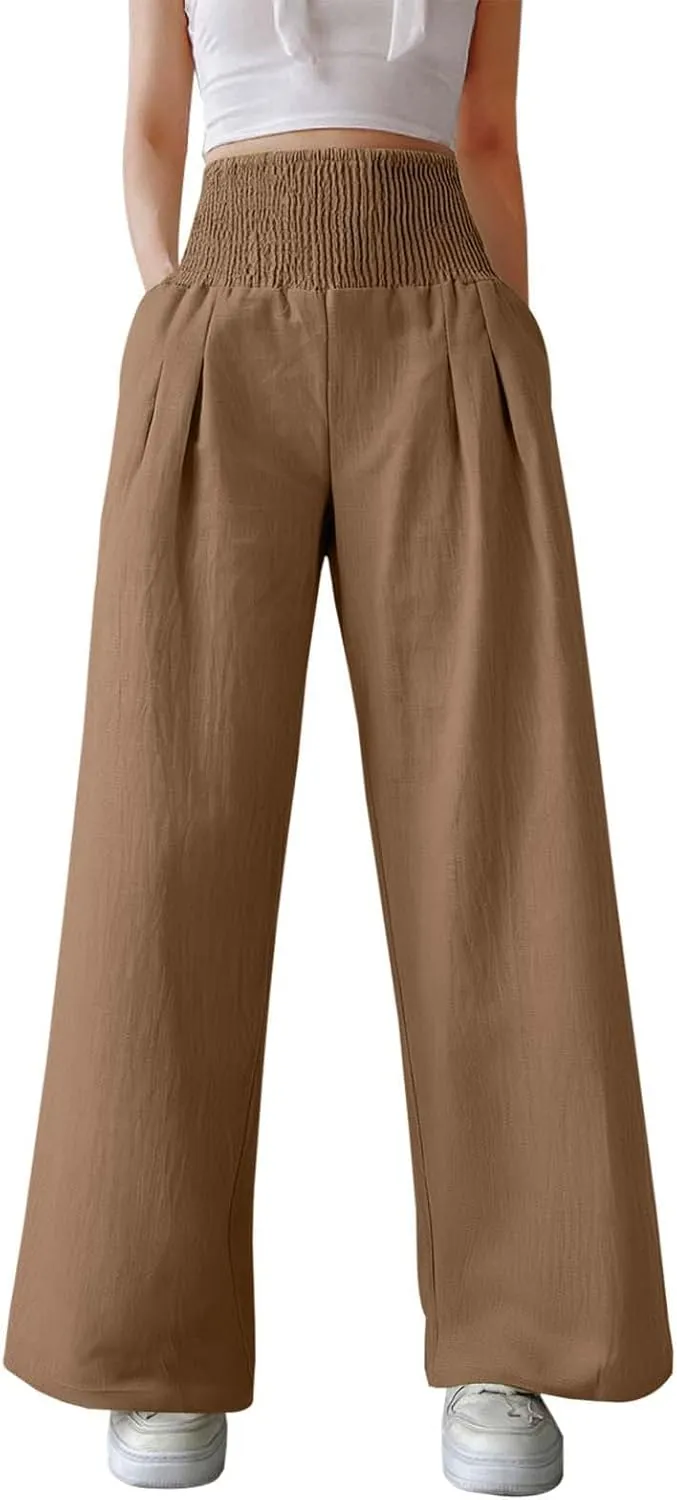 Linen Pants Women Palazzo Baggy Pants Cotton Boho Casual Gauze Long Pant Wide Leg Lounge Trousers with Pockets