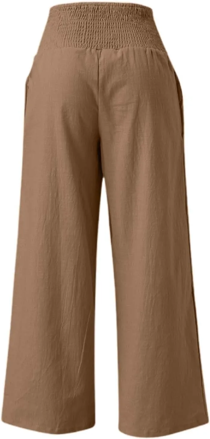 Linen Pants Women Palazzo Baggy Pants Cotton Boho Casual Gauze Long Pant Wide Leg Lounge Trousers with Pockets