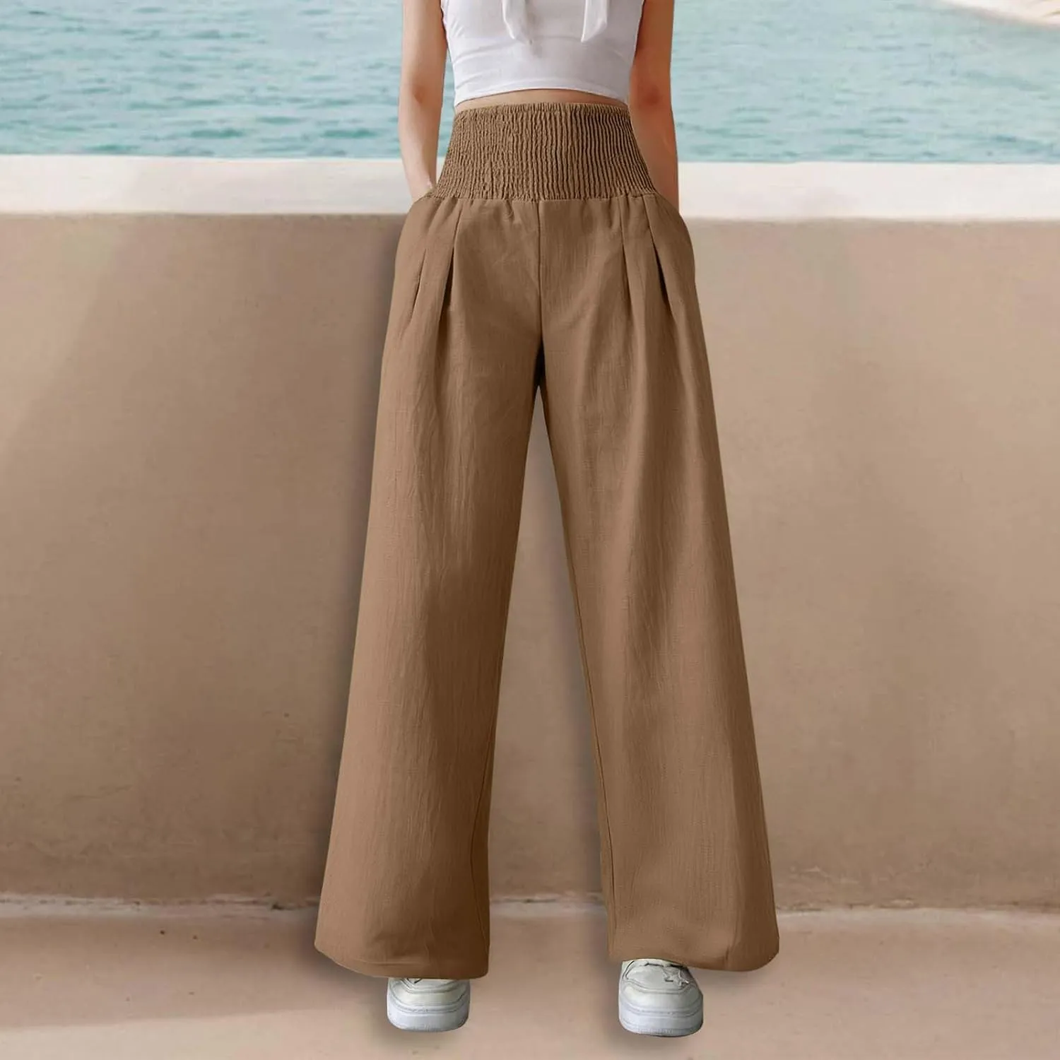 Linen Pants Women Palazzo Baggy Pants Cotton Boho Casual Gauze Long Pant Wide Leg Lounge Trousers with Pockets