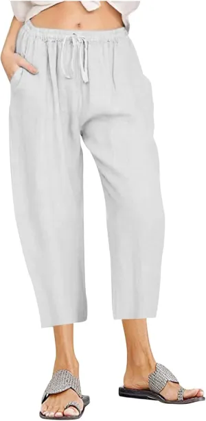 Linen Pants Women Summer Casual 2025 Capri Pants Drawstring Elastic High Waist Cropped Trousers with Pockets