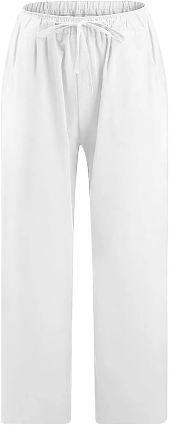 Linen Pants Women Summer Casual 2025 Capri Pants Drawstring Elastic High Waist Cropped Trousers with Pockets