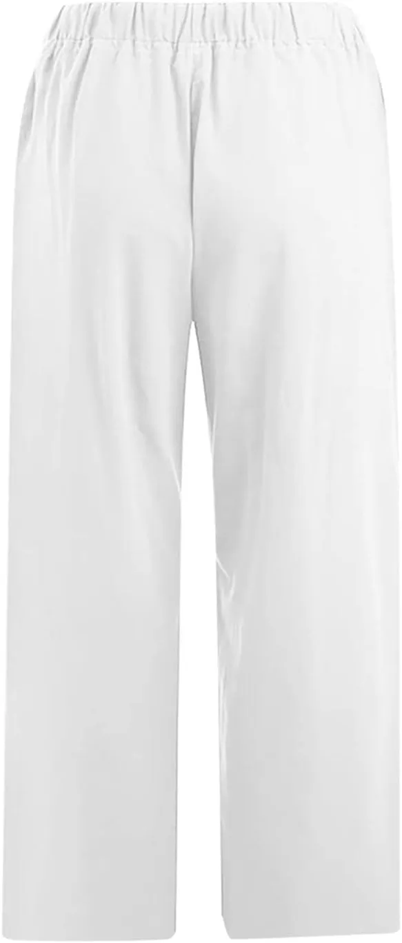 Linen Pants Women Summer Casual 2025 Capri Pants Drawstring Elastic High Waist Cropped Trousers with Pockets
