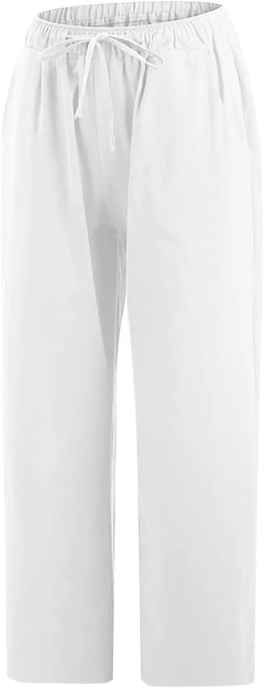 Linen Pants Women Summer Casual 2025 Capri Pants Drawstring Elastic High Waist Cropped Trousers with Pockets