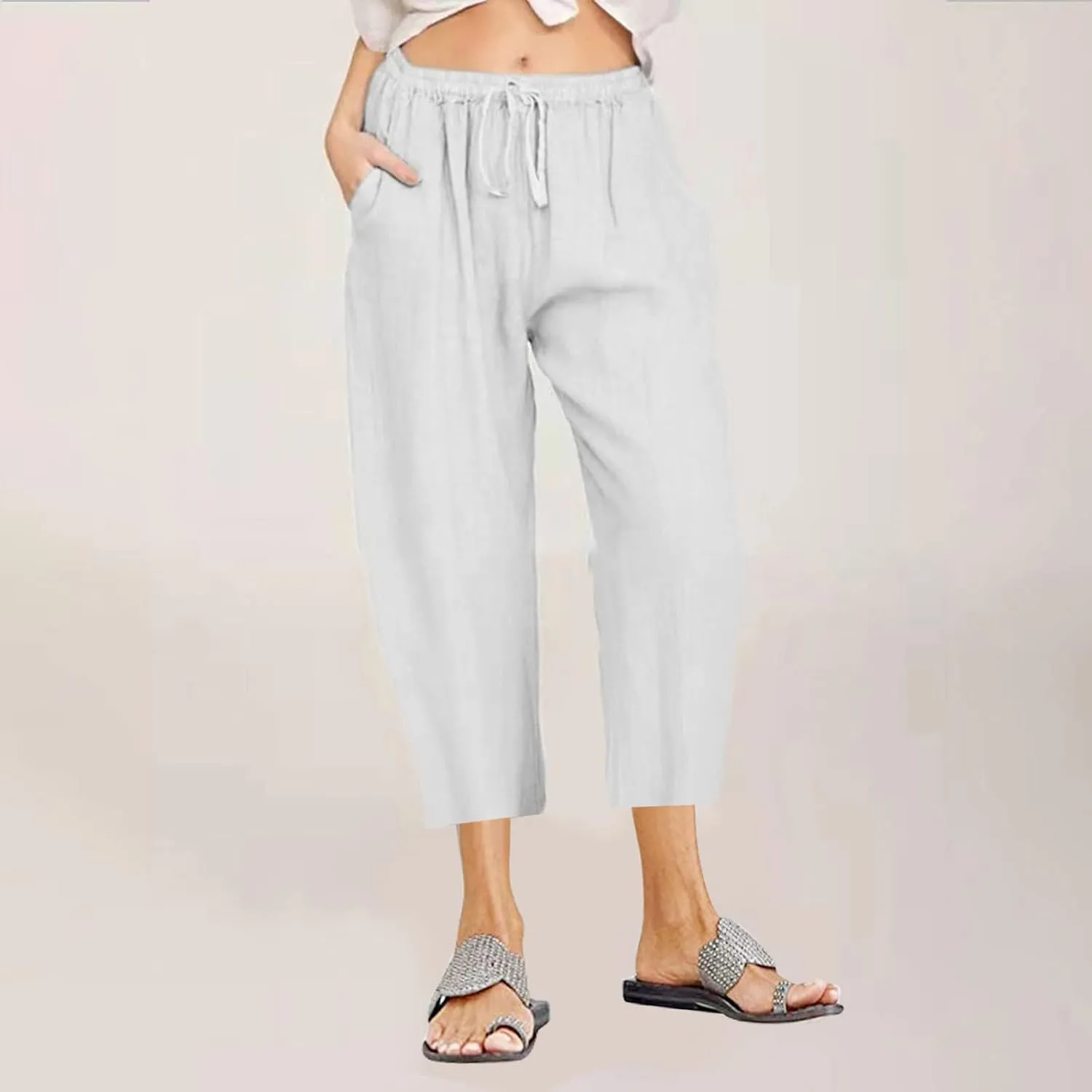 Linen Pants Women Summer Casual 2025 Capri Pants Drawstring Elastic High Waist Cropped Trousers with Pockets