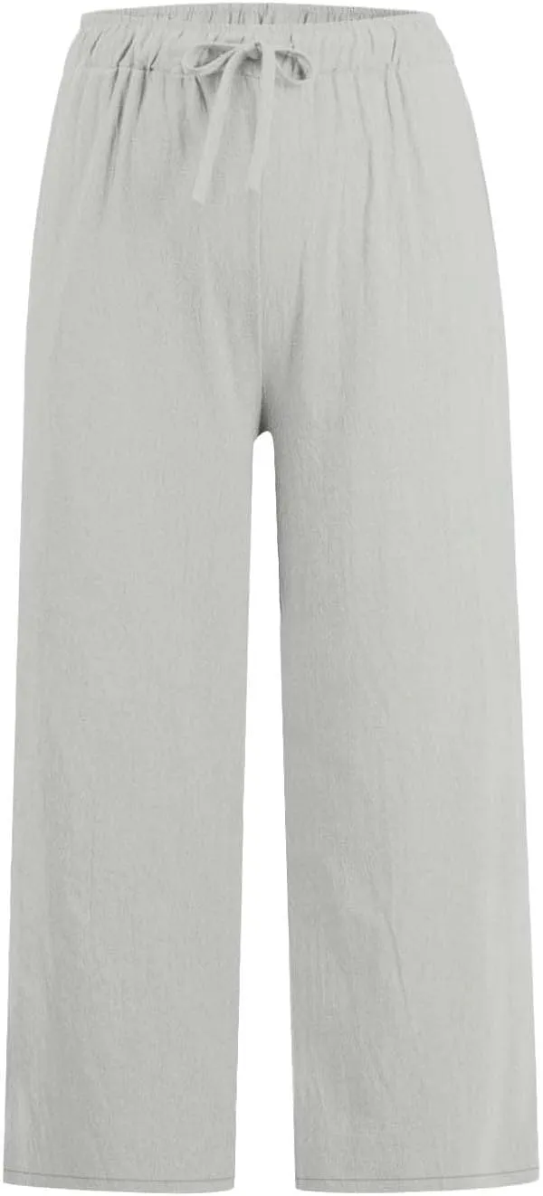 Linen Pants Women Summer Casual Wed Leg Lounge Trousers Drawstring High Waist Cropped Capri Pants Boho Beach Outfits