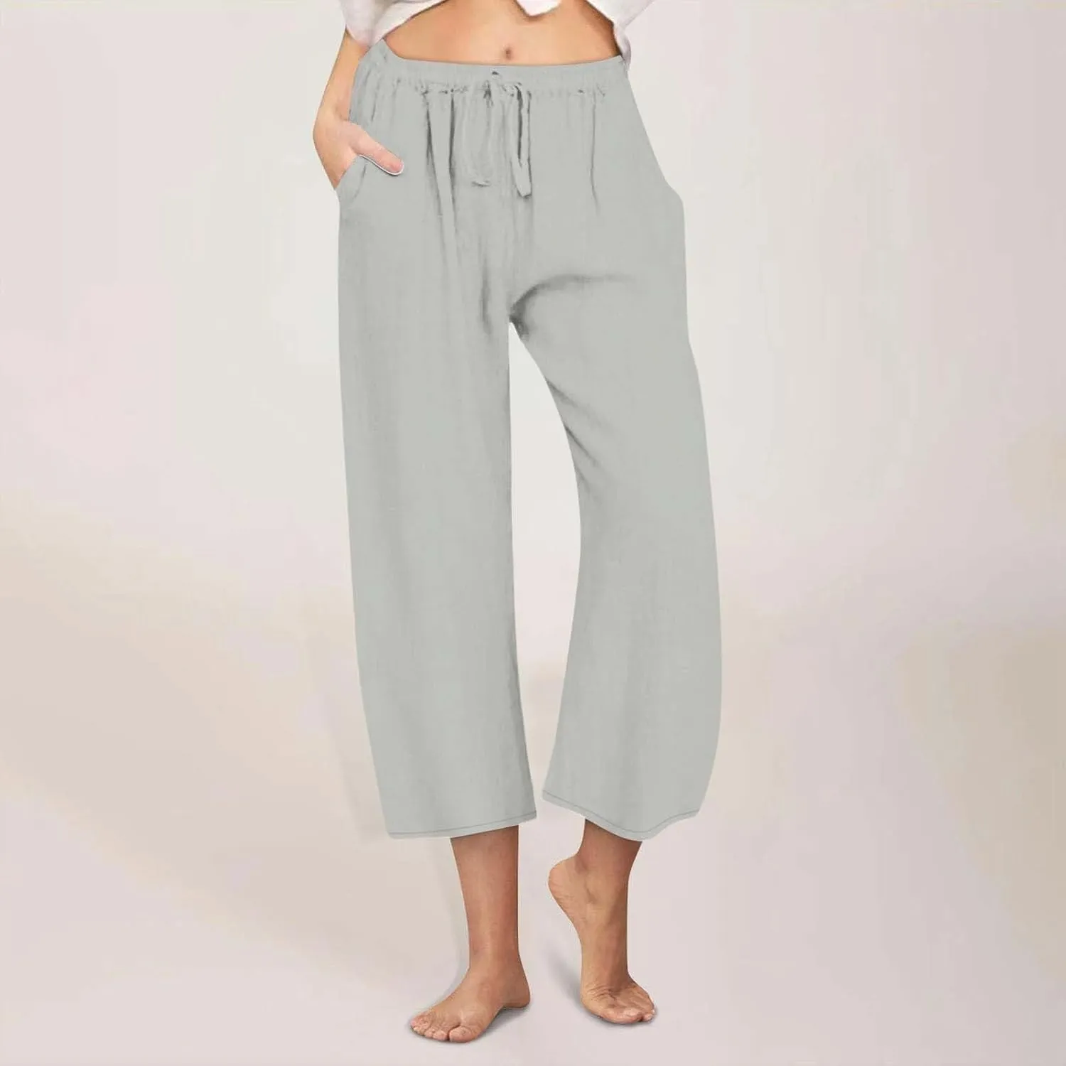 Linen Pants Women Summer Casual Wed Leg Lounge Trousers Drawstring High Waist Cropped Capri Pants Boho Beach Outfits