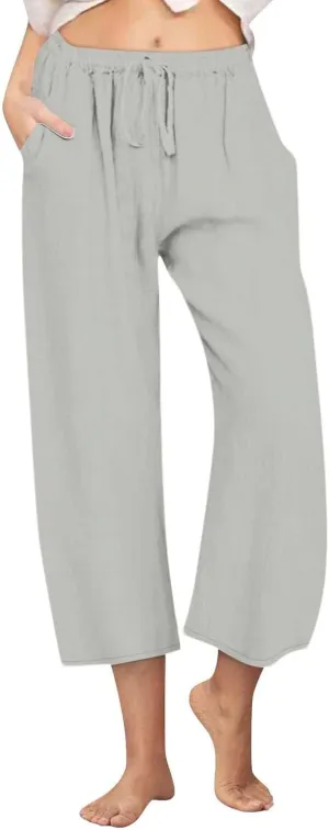 Linen Pants Women Summer Casual Wed Leg Lounge Trousers Drawstring High Waist Cropped Capri Pants Boho Beach Outfits