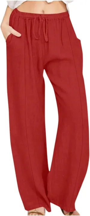 Linen Pants Women Summer Drawstring High Waisted Linen Palazzo Pants Wide Leg Lounge Pant Casual Beach Trousers