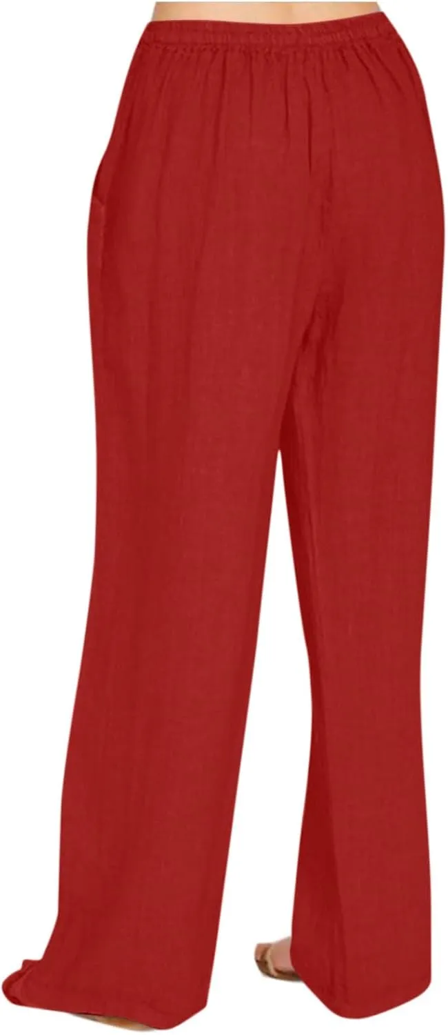 Linen Pants Women Summer Drawstring High Waisted Linen Palazzo Pants Wide Leg Lounge Pant Casual Beach Trousers