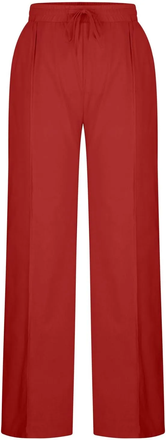 Linen Pants Women Summer Drawstring High Waisted Linen Palazzo Pants Wide Leg Lounge Pant Casual Beach Trousers