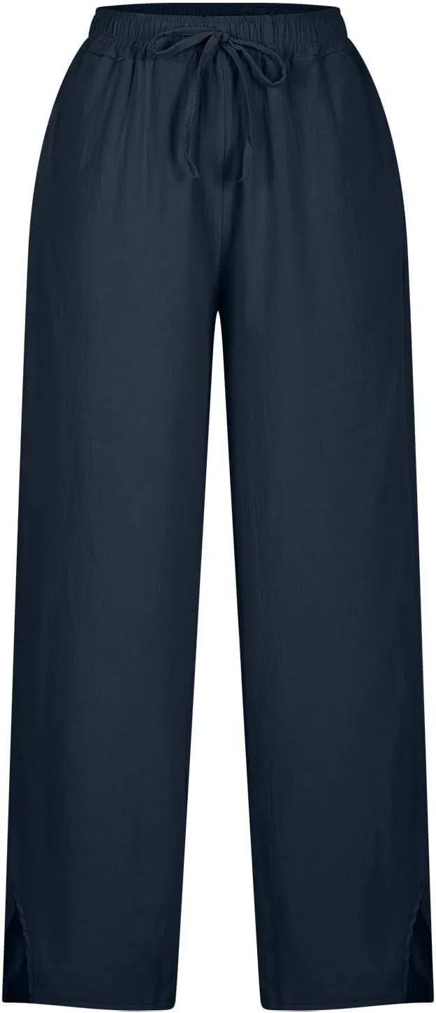 Linen Pants Women Trendy 2025 High Waisted Wide Leg Lounge Pant Drawstring Comfy Trousers Boho Beach Outfits
