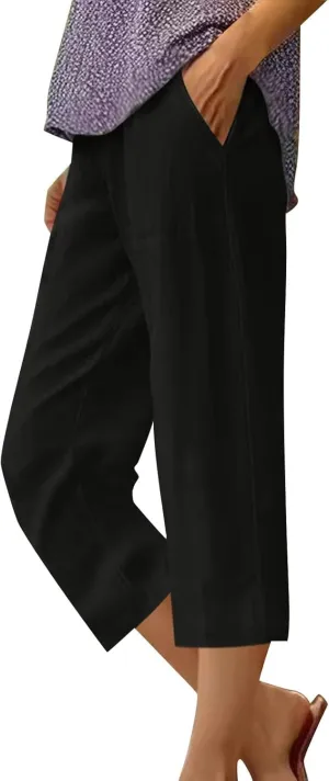 Linen Pants Women,Summer Capri Casual Drawstring Elastic Waist,Straight Wide Leg Pants Cotton Trousers with Pocket
