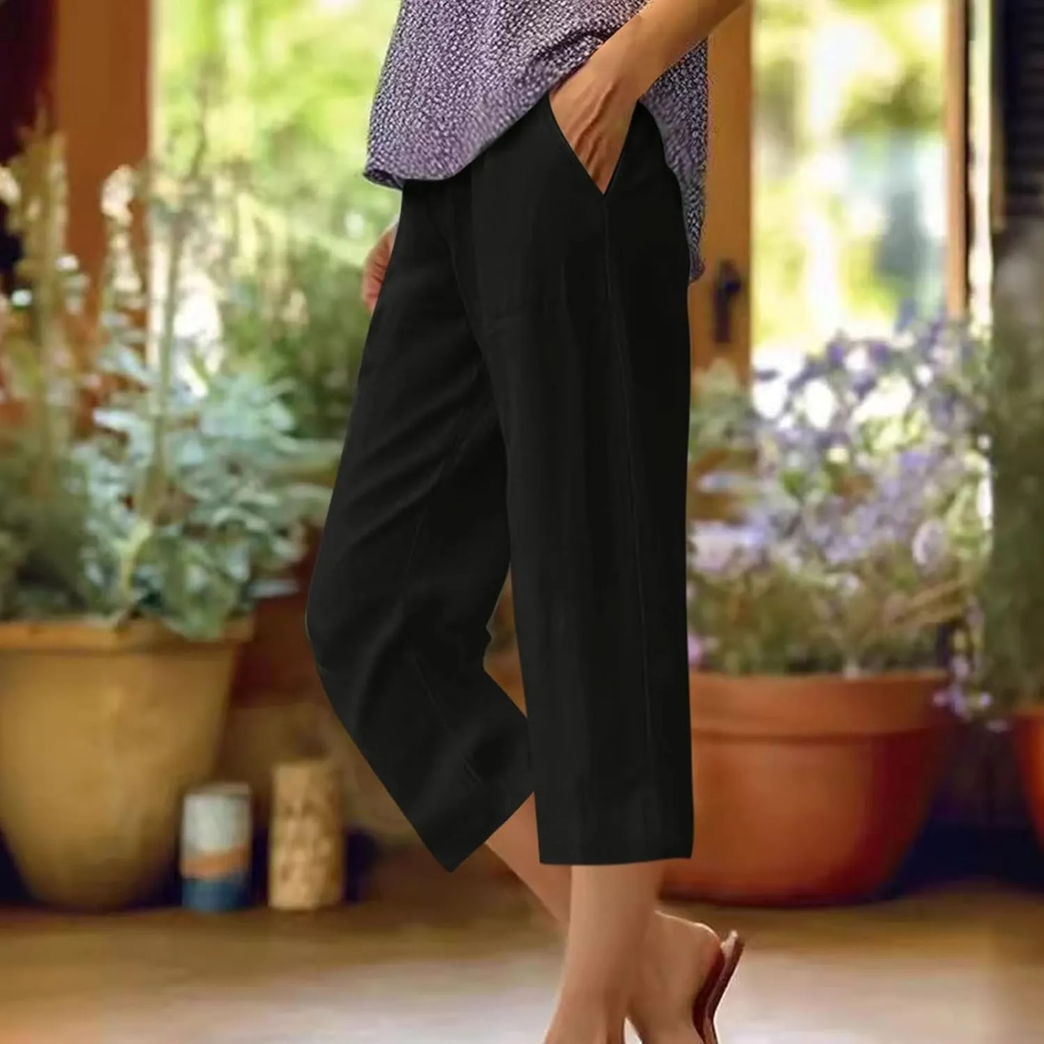 Linen Pants Women,Summer Capri Casual Drawstring Elastic Waist,Straight Wide Leg Pants Cotton Trousers with Pocket