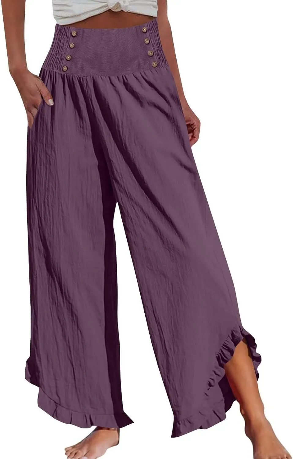 Linen Wide Leg Pants for Women Stretch Smocked High Waisted Ruffle Hem Palazzo Pants Summer Casual Loose Beach Pants