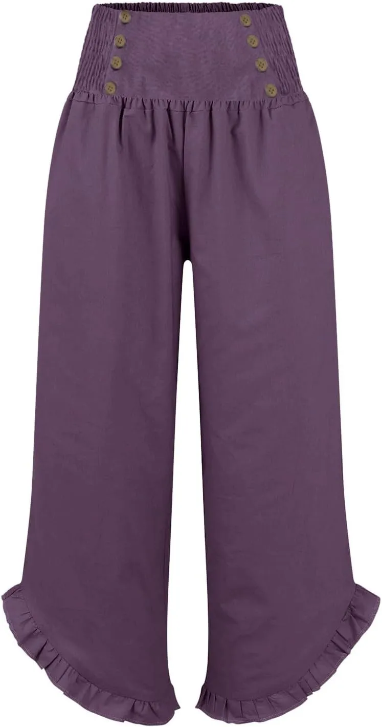 Linen Wide Leg Pants for Women Stretch Smocked High Waisted Ruffle Hem Palazzo Pants Summer Casual Loose Beach Pants