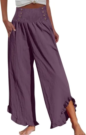 Linen Wide Leg Pants for Women Stretch Smocked High Waisted Ruffle Hem Palazzo Pants Summer Casual Loose Beach Pants