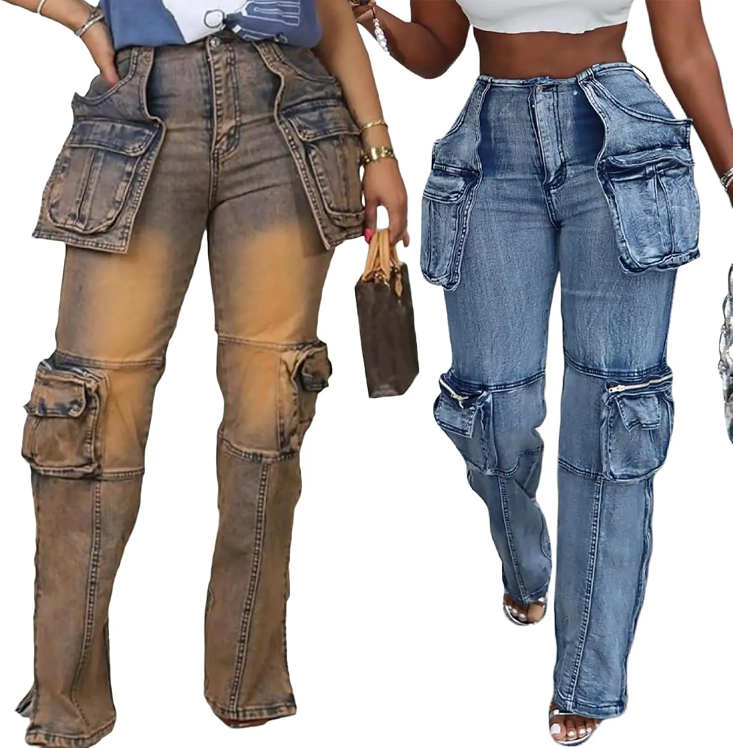 LKOUS Casual Cargo Jeans for Women, Zip Side Slit Denim Pants with Multi Pockets