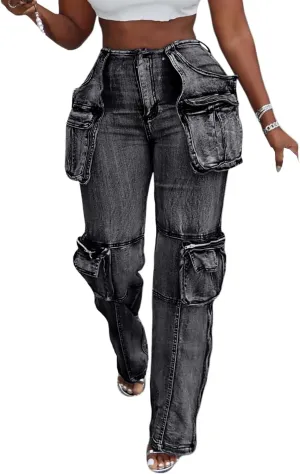 LKOUS Casual Cargo Jeans for Women, Zip Side Slit Denim Pants with Multi Pockets