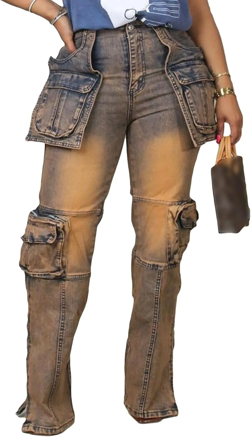 LKOUS Casual Cargo Jeans for Women, Zip Side Slit Denim Pants with Multi Pockets