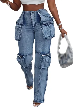 LKOUS Casual Cargo Jeans for Women, Zip Side Slit Denim Pants with Multi Pockets