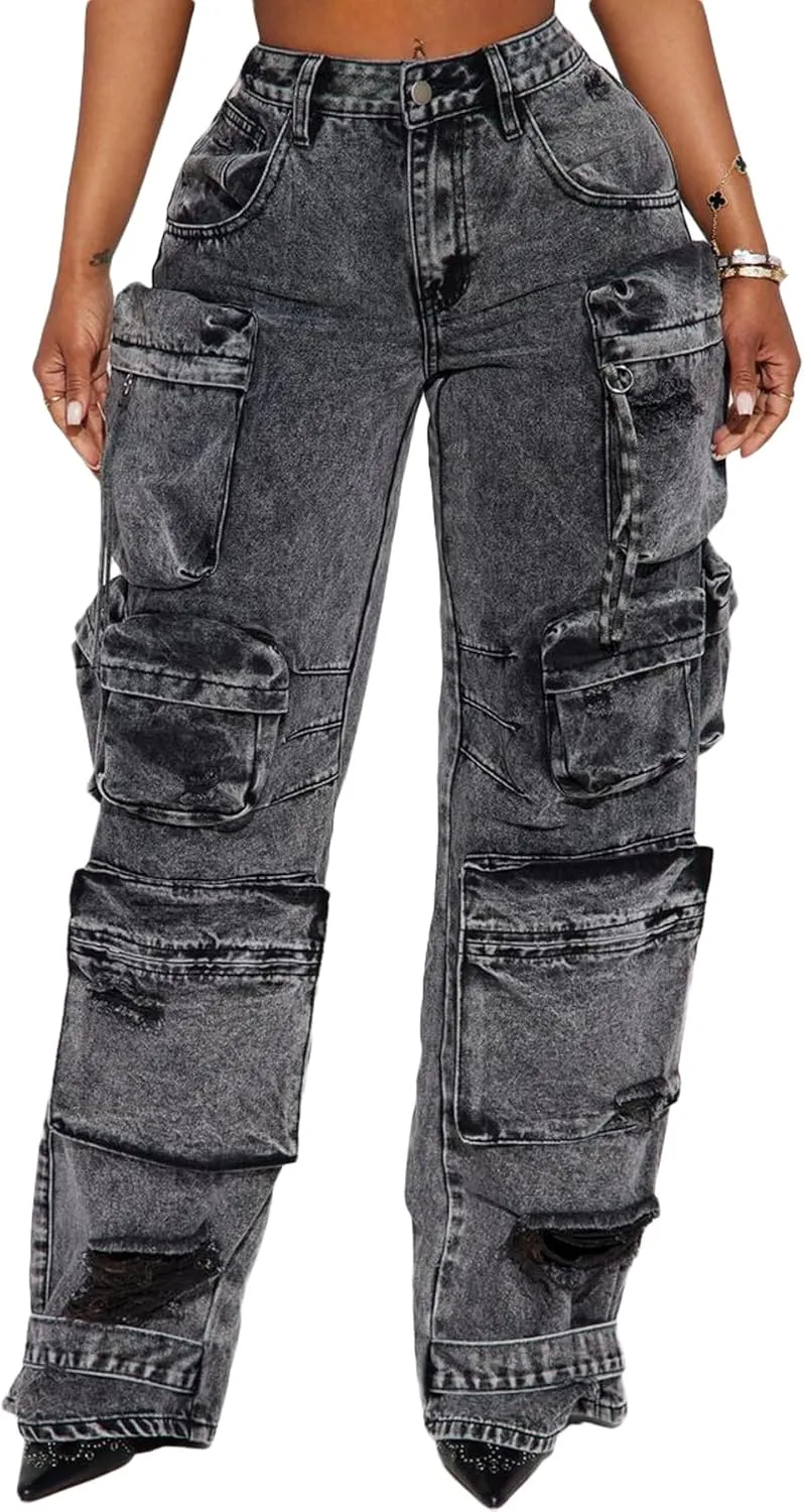 LKOUS Casual Cargo Jeans for Women, Zip Side Slit Denim Pants with Multi Pockets