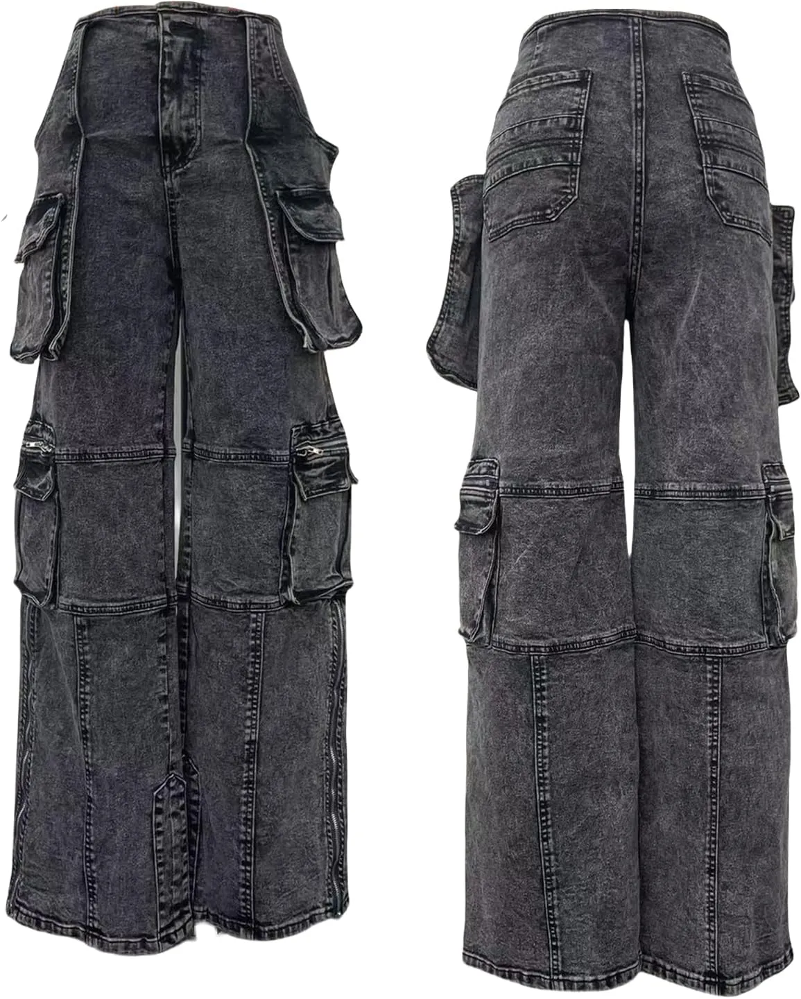 LKOUS Casual Cargo Jeans for Women, Zip Side Slit Denim Pants with Multi Pockets
