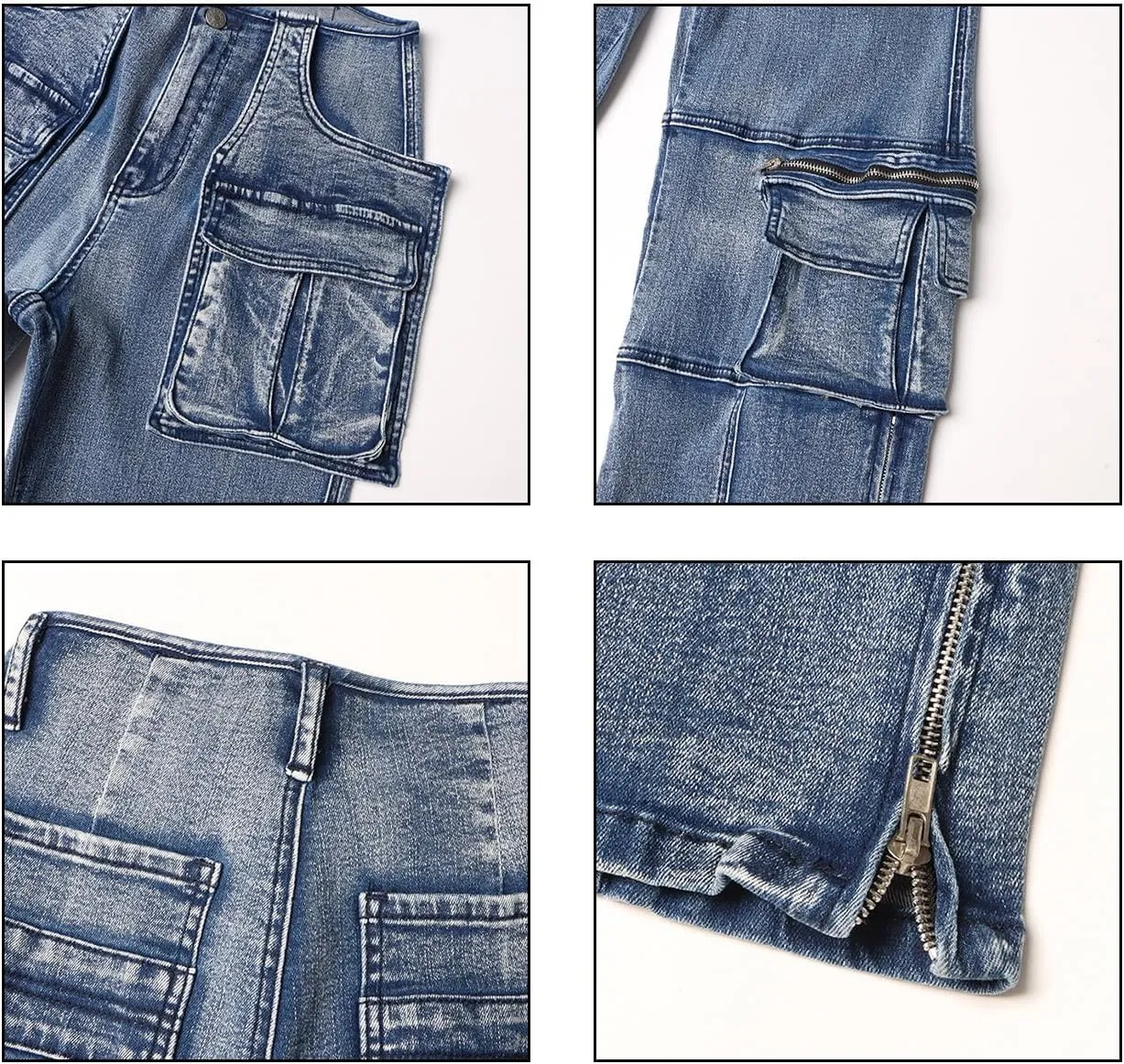 LKOUS Casual Cargo Jeans for Women, Zip Side Slit Denim Pants with Multi Pockets