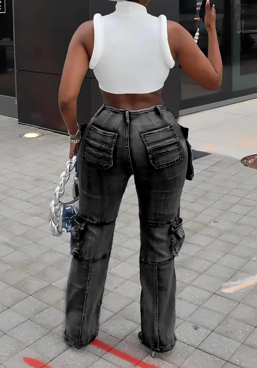 LKOUS Casual Cargo Jeans for Women, Zip Side Slit Denim Pants with Multi Pockets