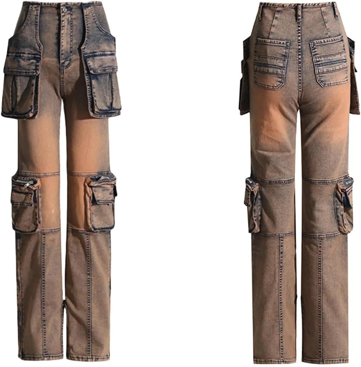 LKOUS Casual Cargo Jeans for Women, Zip Side Slit Denim Pants with Multi Pockets