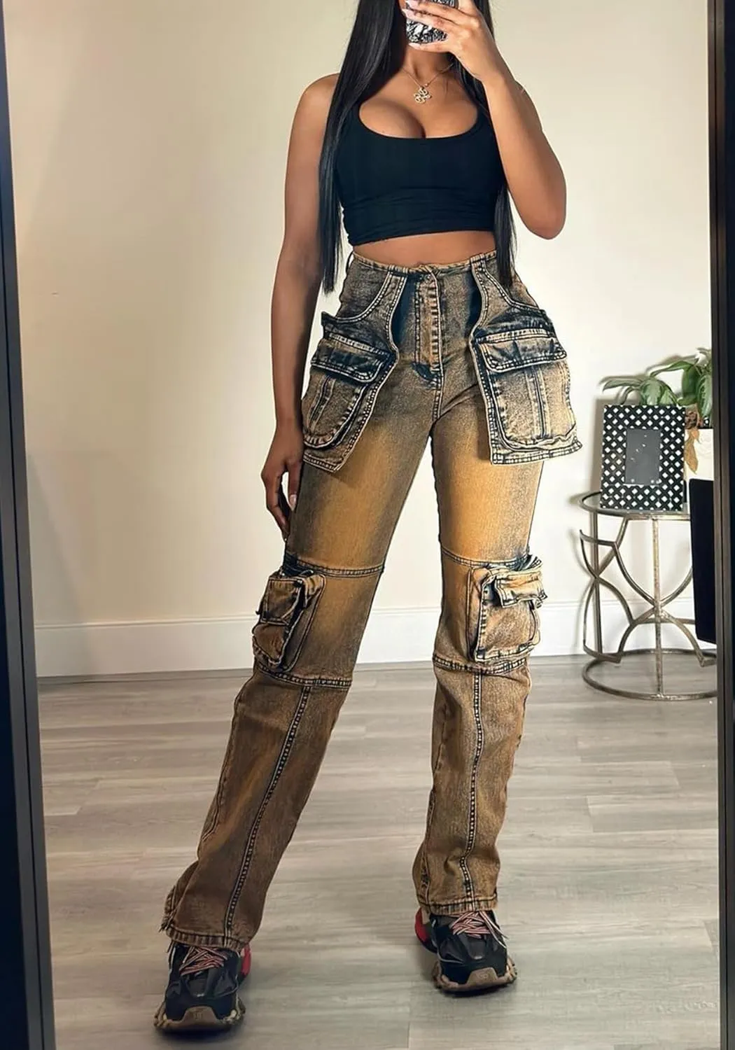 LKOUS Casual Cargo Jeans for Women, Zip Side Slit Denim Pants with Multi Pockets