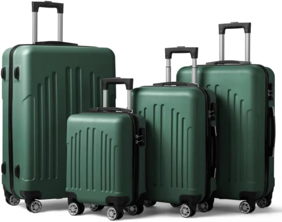 Luggage Set 4 Piece, Curved Vertical Stripe 4-in-1 Trolley Case with ABS Hardshell TSA Lock Spinner Wheels, Retro Green
