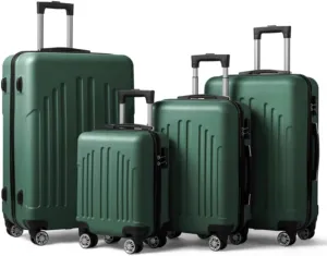 Luggage Set 4 Piece, Curved Vertical Stripe 4-in-1 Trolley Case with ABS Hardshell TSA Lock Spinner Wheels, Retro Green