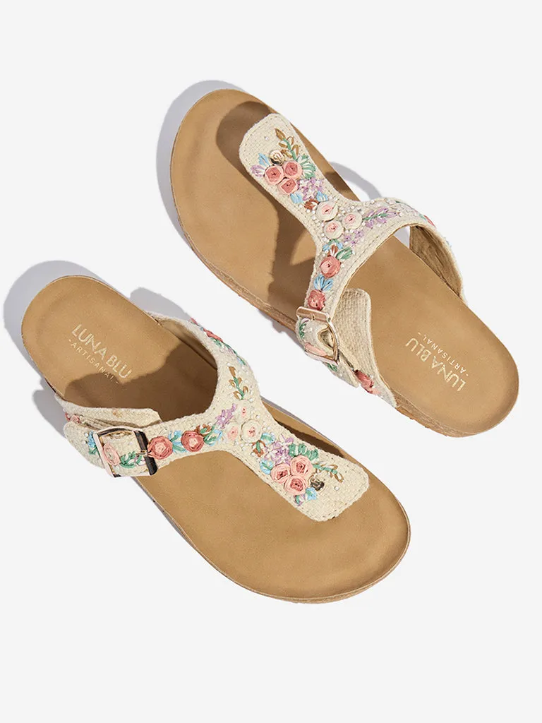 LUNA BLU Ivory Floral Embroidered Thong-Strap Sandals