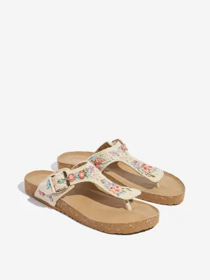 LUNA BLU Ivory Floral Embroidered Thong-Strap Sandals