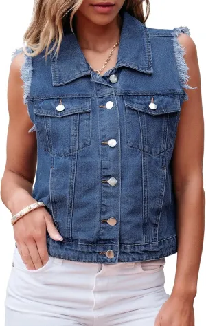 luvamia Denim Vest for Women Button Down Distressed Frayed Vests Top Western Casual Sleeveless Jean Jacket with Pockets